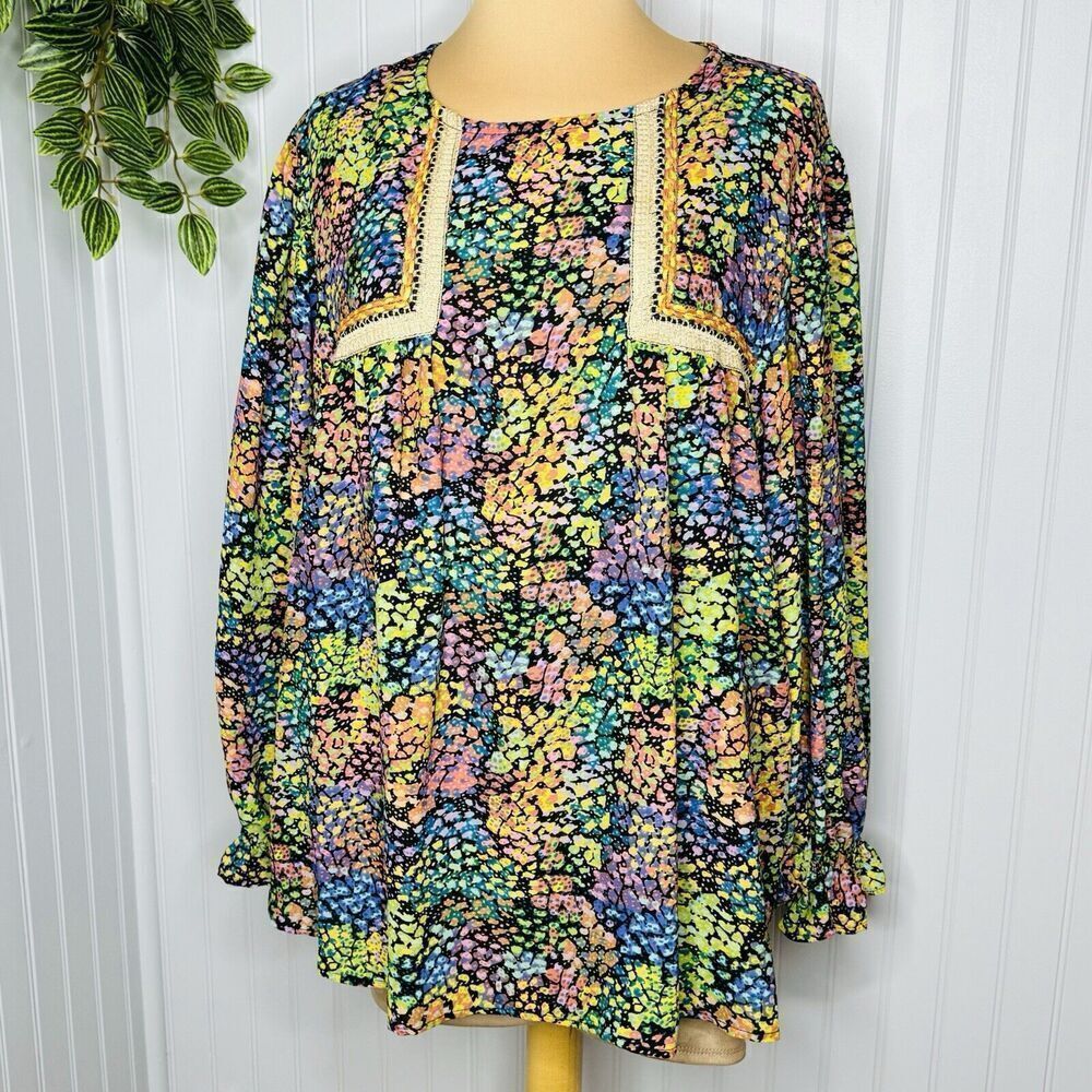 It’s Women's Plus 2XL Multicolor Blouse Ballon Sleeves Abstract Colorful Scoop